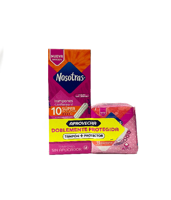 TAMPONES NOSOTRAS SUPER SIN APLICADOR CAJA X 10 UNDS + PROTECTORES BOLSA X 15 UNDS